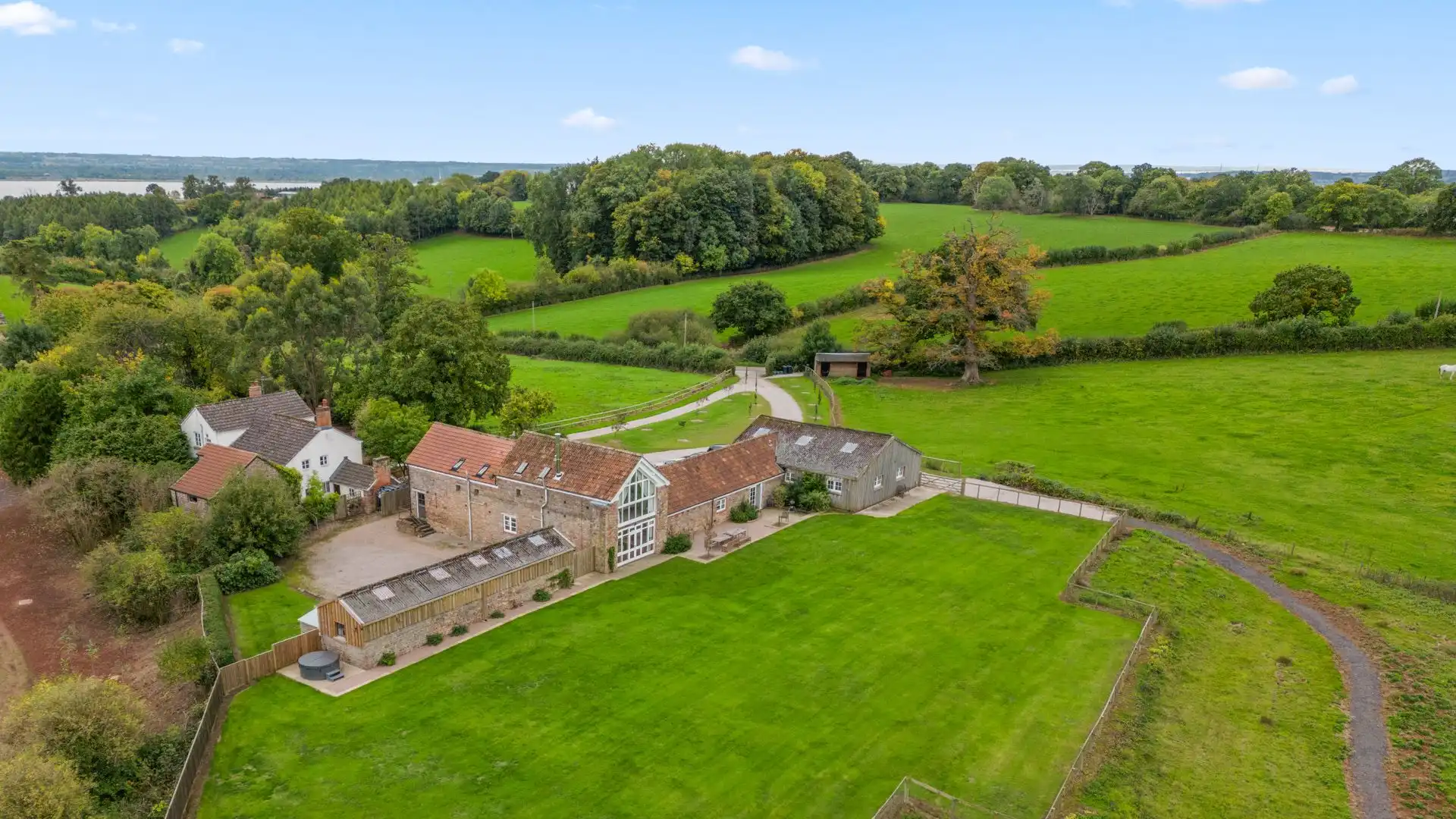 Aeriel views of grounds and surrounding area, Lodge Barn, Bolthole Retreats