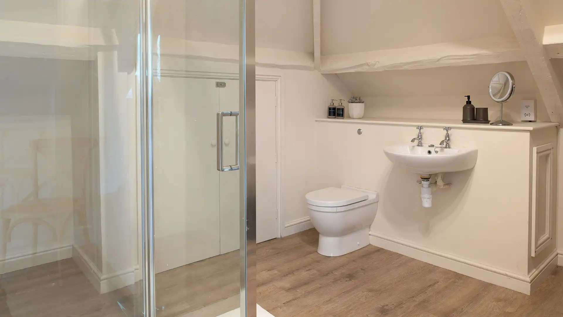 At the end of The Nest is a bathroom with a shower and bath. 