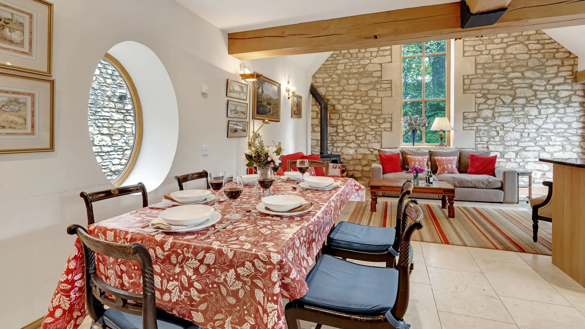 Set the table in the dining area with its porthole window.