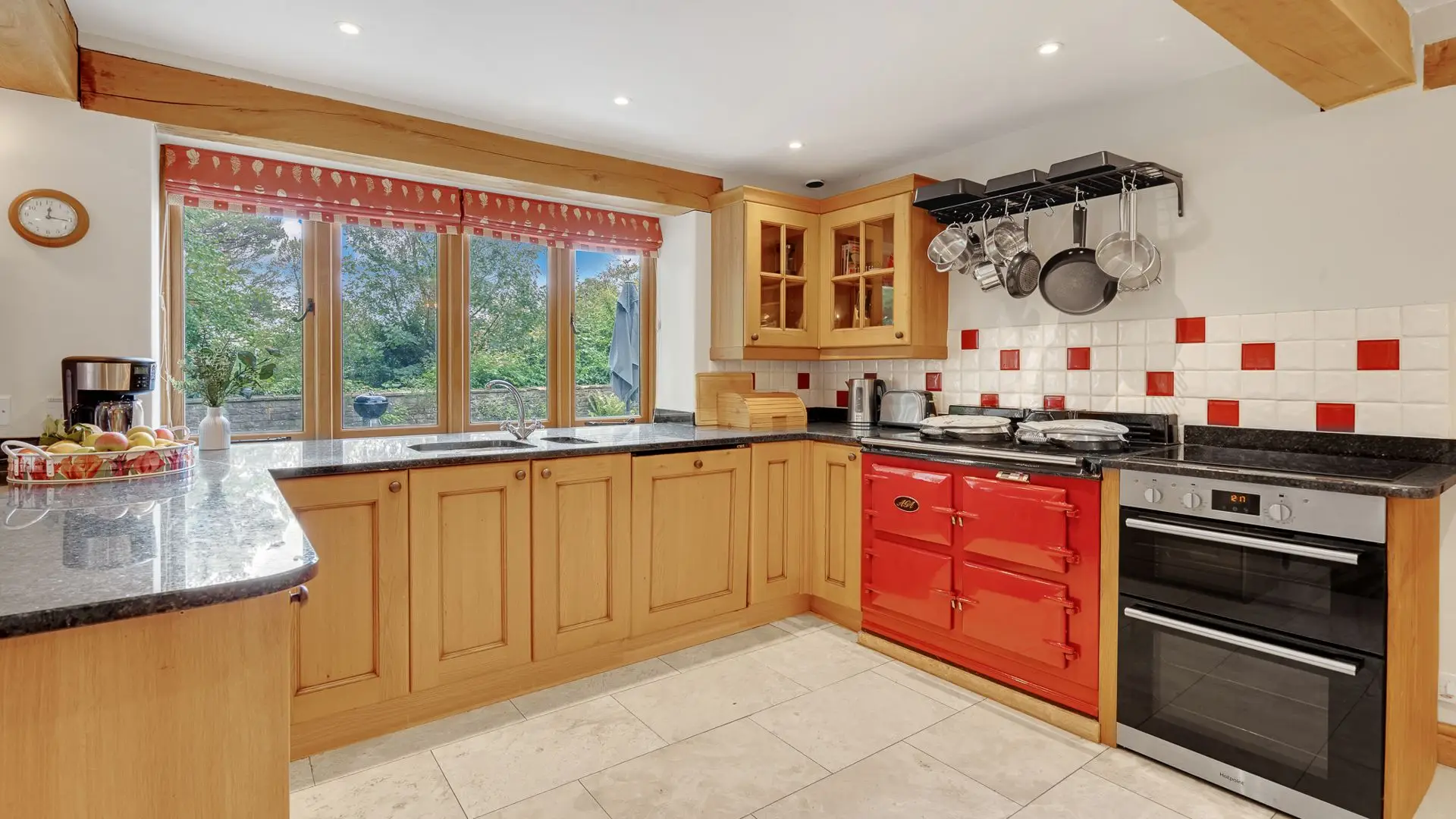 The farmhouse-style kitchen has everything you need to play chef.