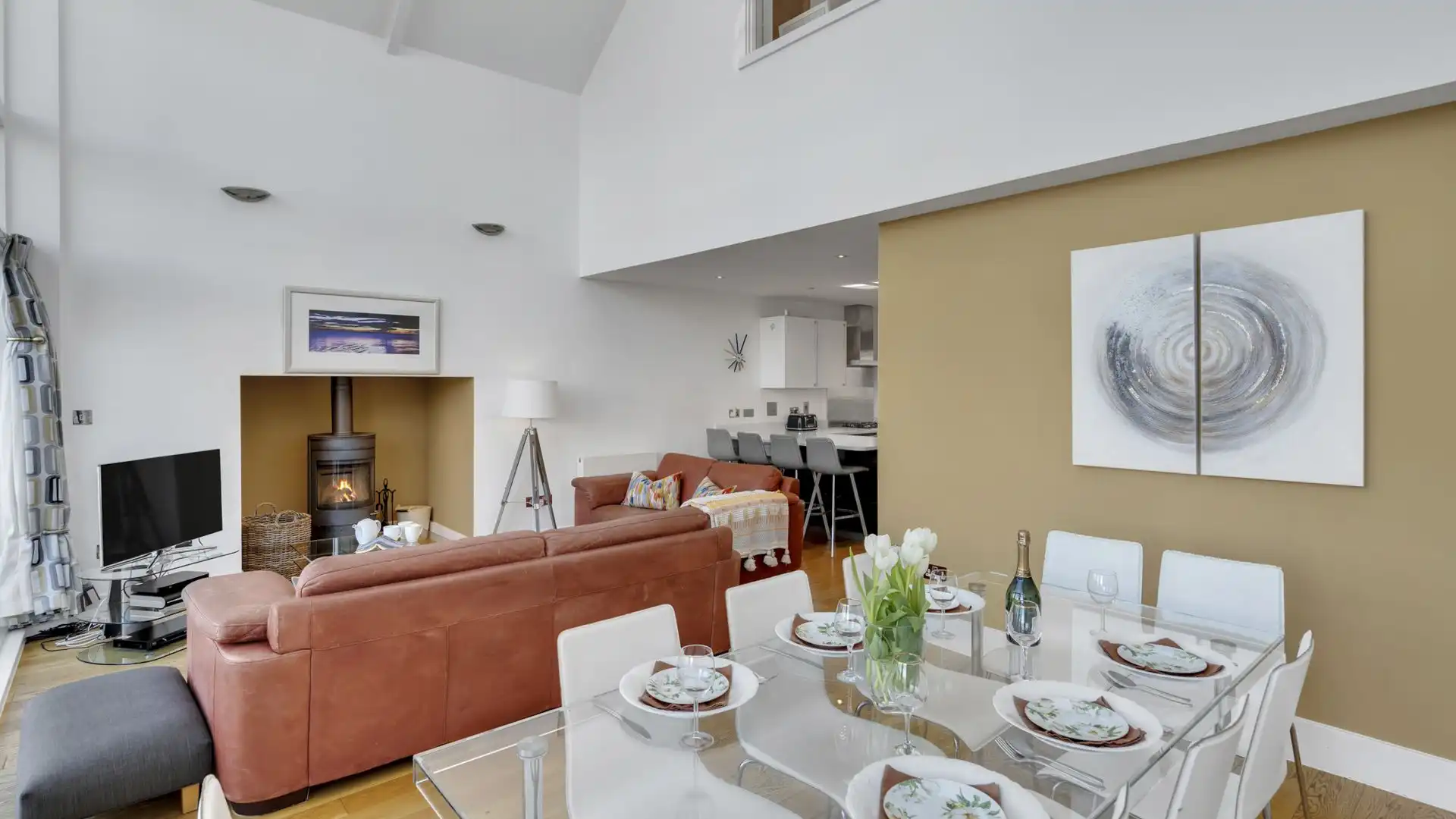The open plan living area opens out to double height.