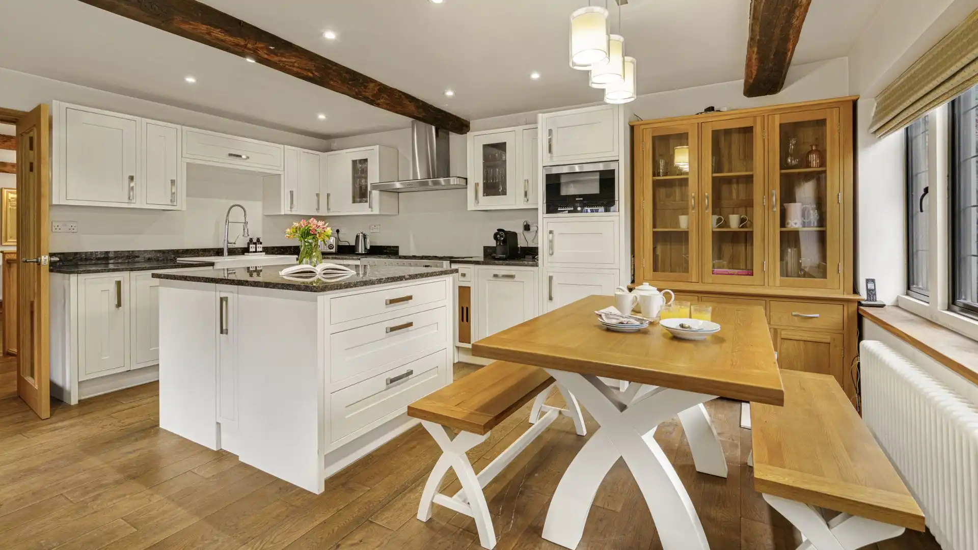 One of three kitchens at The Painswick Retreat, all are fully equipped for anything from a hearty cooked breakfast to a three-course supper.