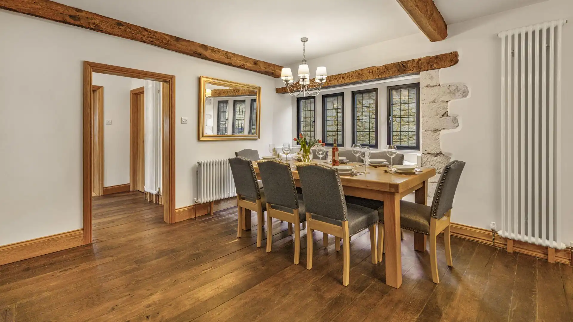 Seating up to 10, this dining room features an original 17th-century floor.