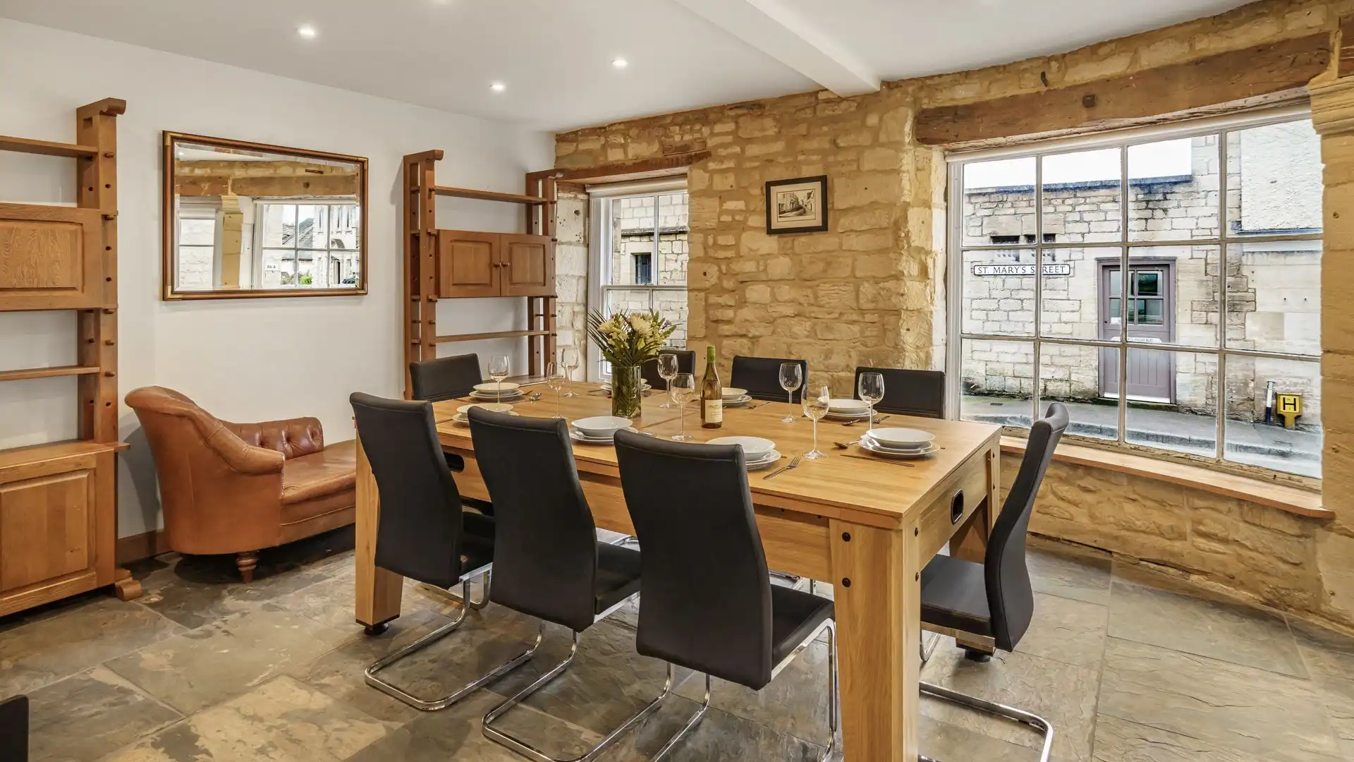 This dining area overlooks one of Painswick's historic streets.